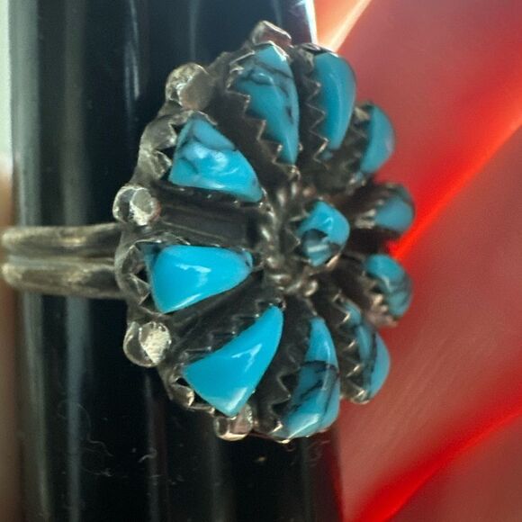Vintage Old Pawn Sterling Petite Point Native American Ring 925 Turquoise 9.25 - Picture 8 of 9